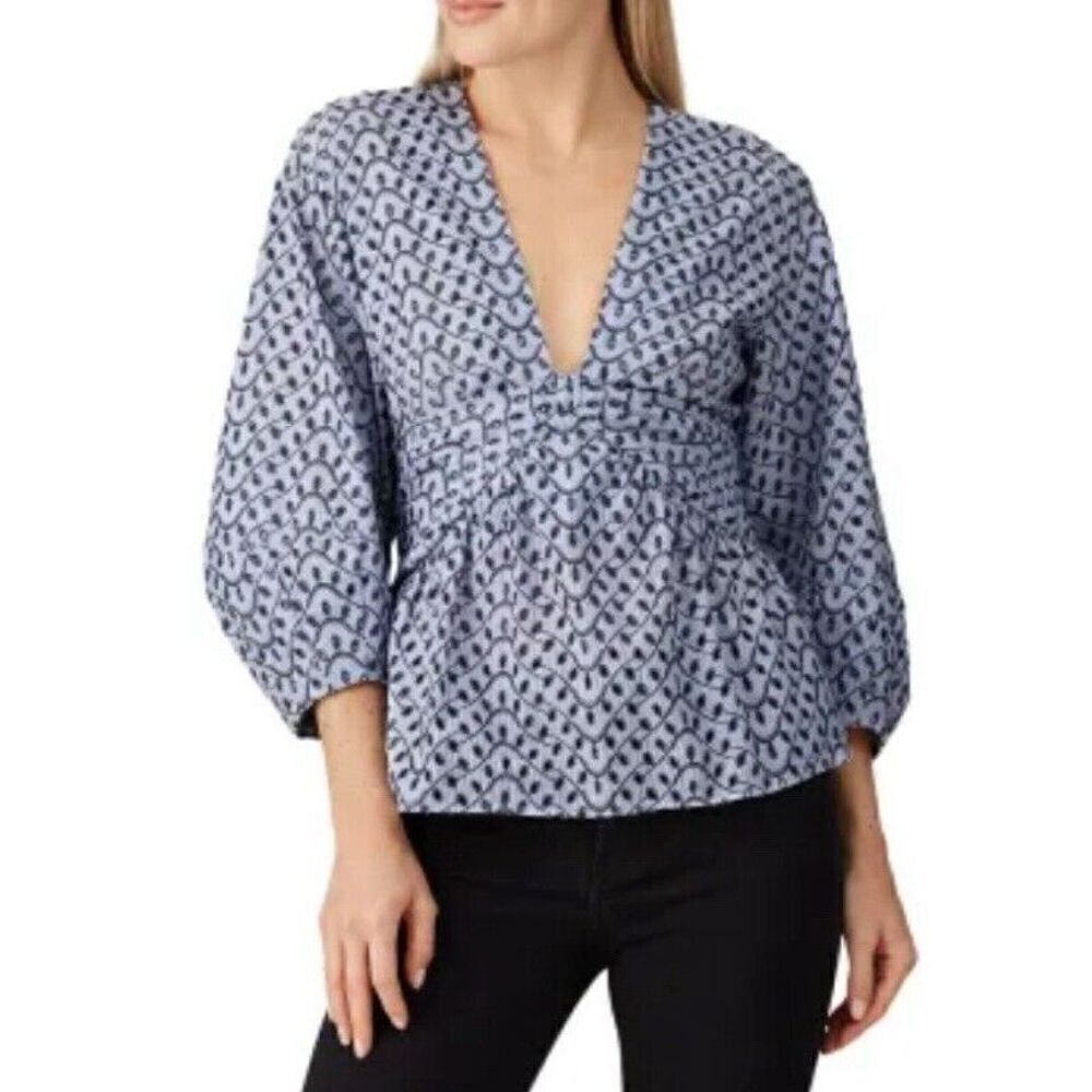 DEREK LAM 10 Crosby Noe Top Womens 2 Blue Embroidered Knot Front Blouse Cotton